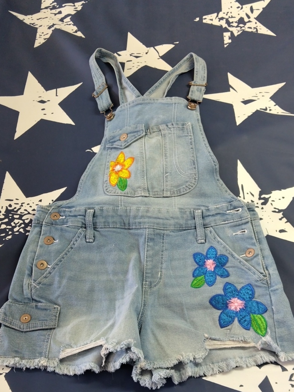 No Boundaries Light Blue Denim Embroidered Overall Shorts